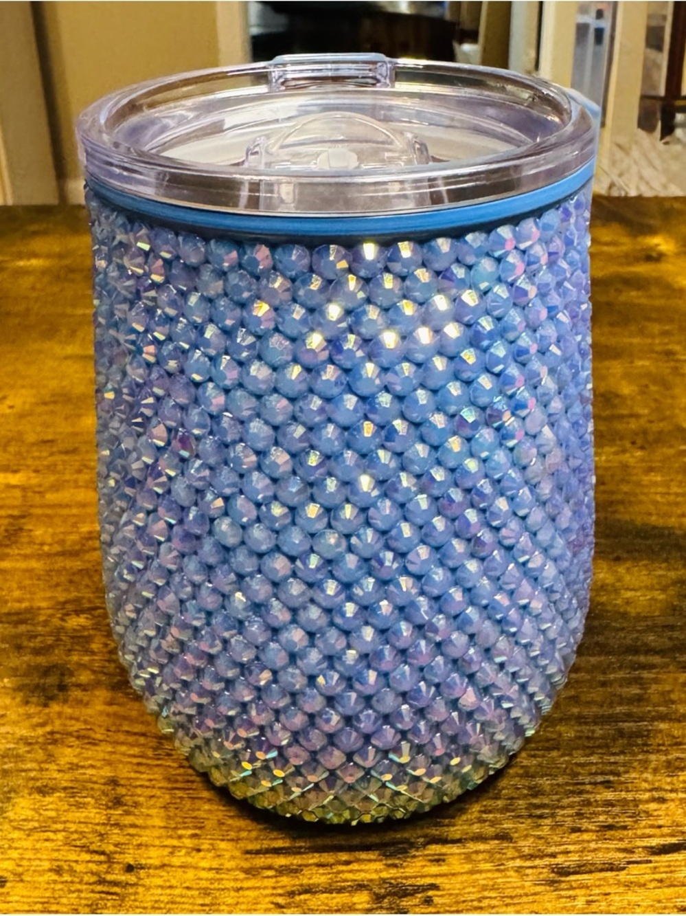 Handmade by Me- Baby Blue Iridescent Rhinestone 12oz Wine Tumbler Cup w/ Lid